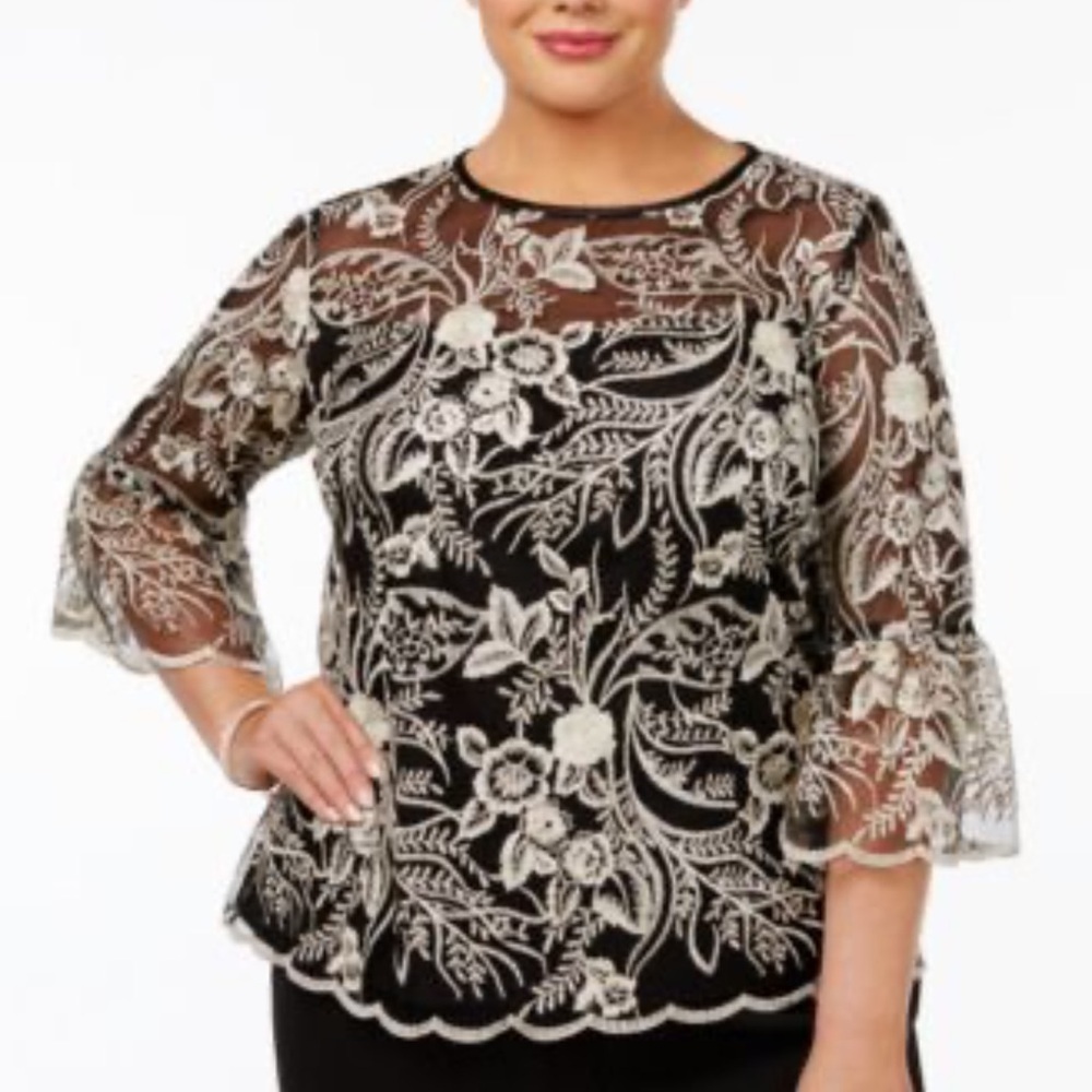 Alex Evenings Sheer Embroidered Bell Sleeve Blouse Black Metallic 2X RUNS SMALL